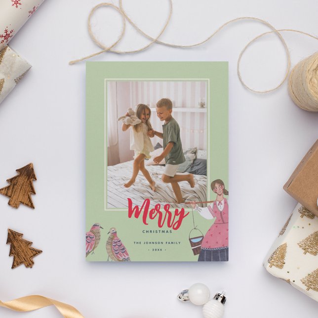 Tarjeta Festiva Foto verde de 12 días de Navidades (Cute Twelve Days of Christmas Green Photo Greeting Card.)