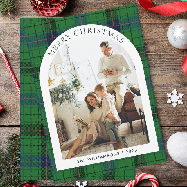 Tarjeta Festiva Foto verde Navidades rusos Tartán (Green Plaid Photo Rustic Christmas Tartan Holiday Card)
