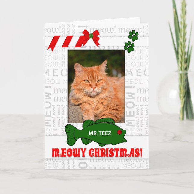 Tarjeta Festiva Foto vertical del Mascota de Navidades Cat Meowy (Anverso)