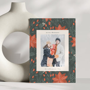 Tarjeta Festiva Foto vertical navideña vintage roja con vegetación