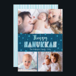 Tarjeta Festiva Fotografía azul 3 Happy Hanukkah Modern Fun Typogr<br><div class="desc">"Feliz Hanukkah". Una tipografía divertida, juguetona, caprichosa, hecha a mano junto con un patrón aleatorio de la estrella de David en azul polvoriento, todo sobre líneas dibujadas a mano azul marino a medianoche en un fondo azul verde azulado oscuro, junto con 3 fotos de tu elección, te ayudan a iniciar...</div>
