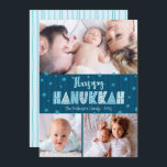 Tarjeta Festiva Fotografía azul 3 Happy Hanukkah Modern Fun Typogr<br><div class="desc">"Feliz Hanukkah". Una tipografía divertida, juguetona, caprichosa, hecha a mano junto con un patrón aleatorio de la estrella de David en azul polvoriento, todo sobre líneas dibujadas a mano azul marino a medianoche en un fondo azul verde azulado oscuro, junto con 3 fotos de tu elección, te ayudan a iniciar...</div>
