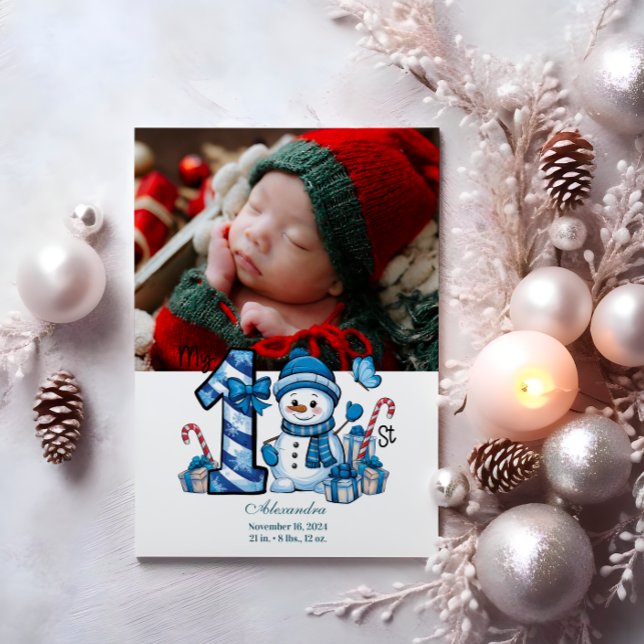 Tarjeta Festiva Fotografía Blue Snowman First Christmas (Subido por el creador)