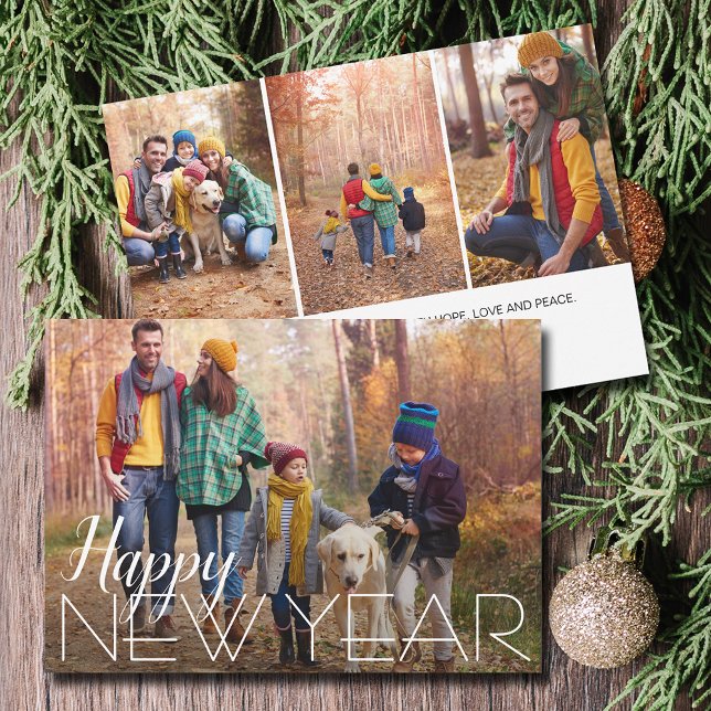 Tarjeta Festiva Fotografía de Año Nuevo Feliz (Happy New Year 4 Photo Holiday Cards - Order INSTANT DOWNLOAD and/or PRINTED or both!)