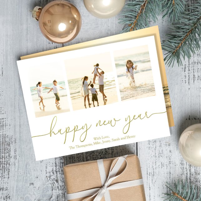 Tarjeta Festiva Fotografía de Año Nuevo Feliz caligrafía de oro (Happy New Years photo cards with gold calligraphy script. )