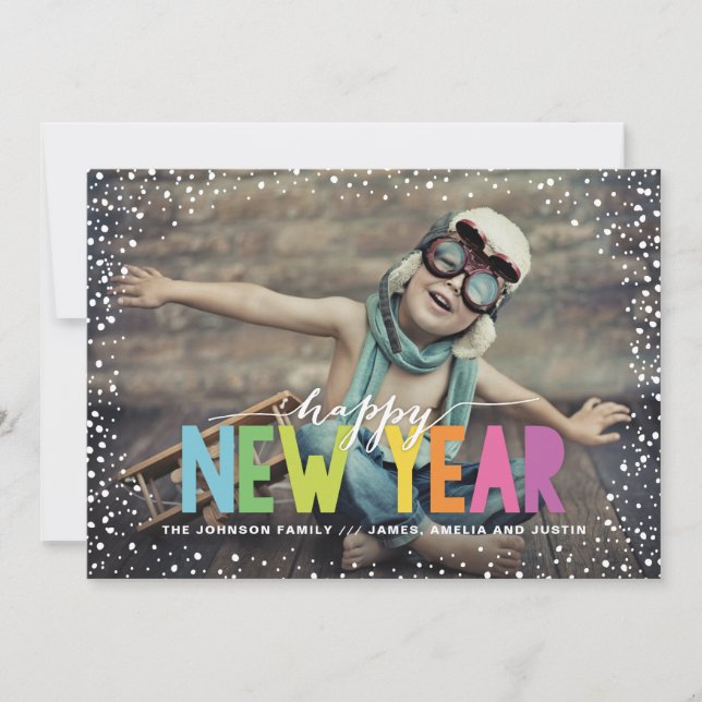 Tarjeta Festiva Fotografía de Año Nuevo Feliz, colorida nieve (Anverso)