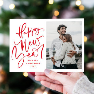 Tarjeta Festiva Fotografía de Año Nuevo Rojo Con Leyenda Mano Mode