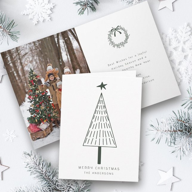 Tarjeta Festiva Fotografía de árbol de pino de Navidades modernos  (Front & Inside)