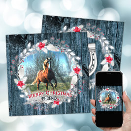 Tarjeta Festiva Fotografía de caballo marco de madera azul platead