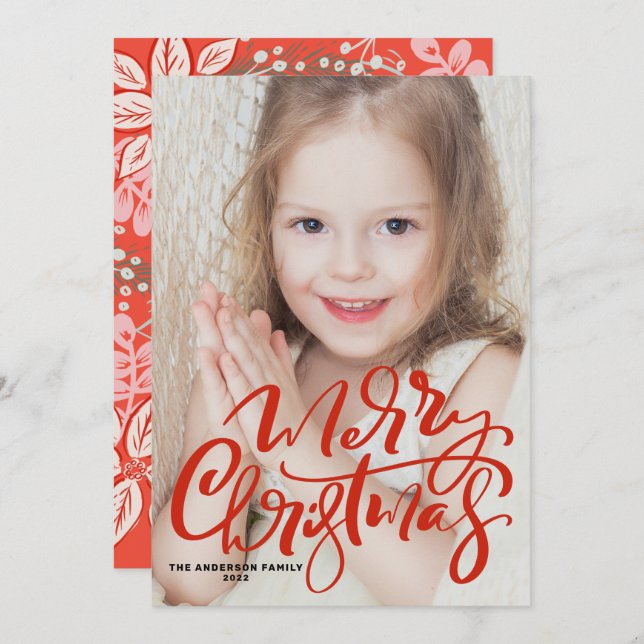 Tarjeta Festiva Fotografía de caligrafía roja moderna Feliz Navida (Anverso / Reverso)