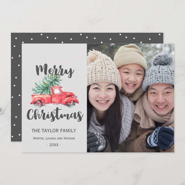 Tarjeta Festiva Fotografía de Camión Rojo y Navidades de Árbol (Anverso / Reverso)