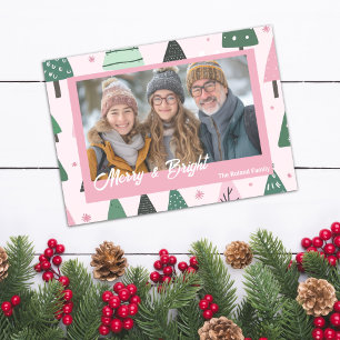 Tarjeta Festiva Fotografía de feriado preppy rosa y verde de árbol