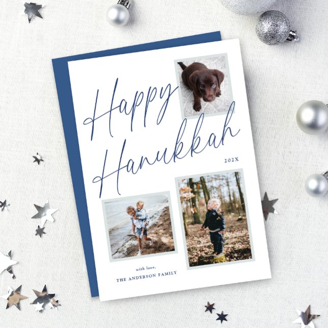 Tarjeta Festiva Fotografía de Hanukkah Happy en blanco y negro (Black and White Happy Hanukkah Script Photo Holiday Card)