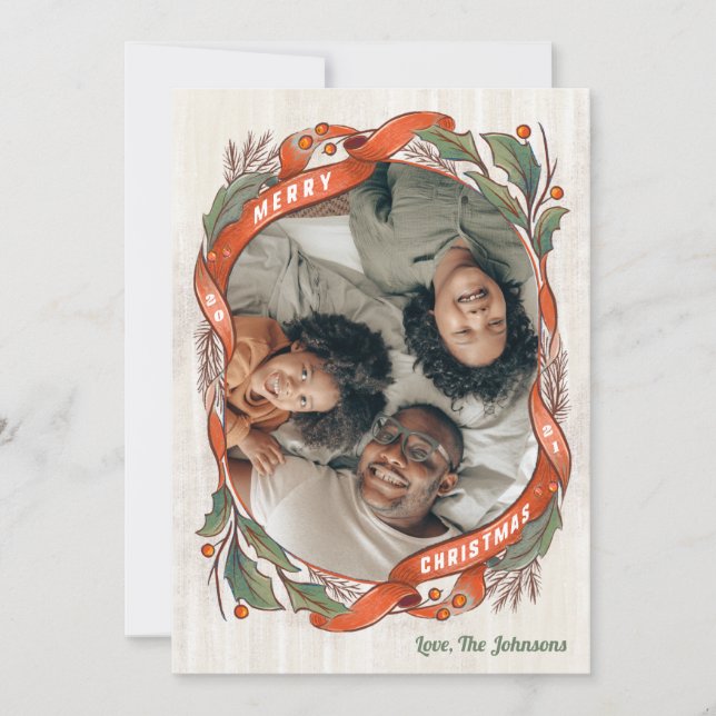 Tarjeta Festiva Fotografía de Holly de cintas rojas antiguas (Anverso)