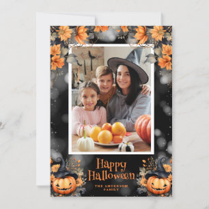 Tarjeta Festiva Fotografía de la calabaza Floral Happy Halloween