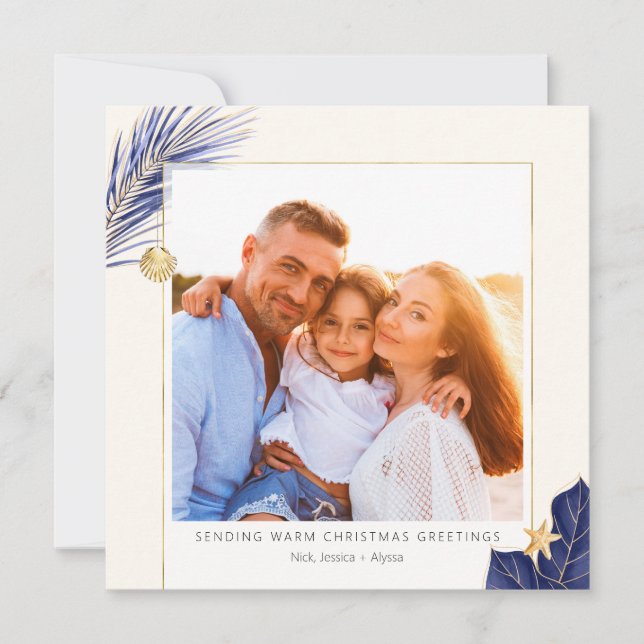 Tarjeta Festiva Fotografía de la Marina Tropical Azul y Verde Oro (Anverso)