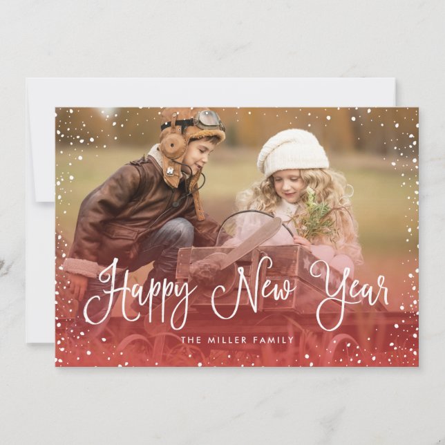 Tarjeta Festiva Fotografía de la nieve del Año Nuevo Feliz (Anverso)