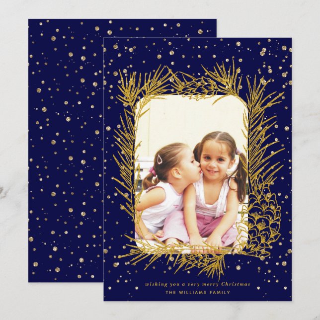 Tarjeta Festiva Fotografía de Navidades azul marino con marco de p (Anverso / Reverso)