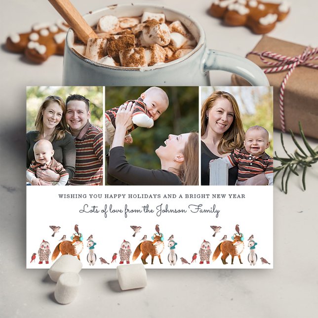 Tarjeta Festiva Fotografía de Navidades de vacaciones de animales  (Woodland Animals Photo Holiday Christmas Postcard)