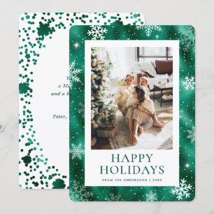 Tarjeta Festiva Fotografía de Nieve de Noche Feliz Verde