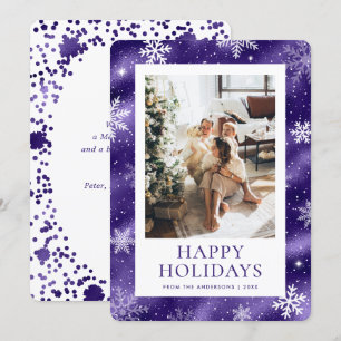 Tarjeta Festiva Fotografía de Nieve Purple Happy Holidays Snowflak