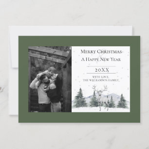 Tarjeta Festiva Fotografía de Reno Invernal en Acuarela Verde