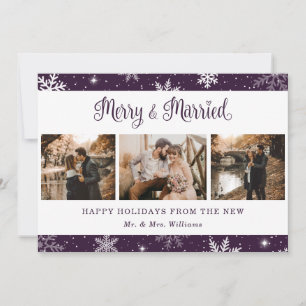 Tarjeta Festiva Fotografía de Snowflake morada recién casada