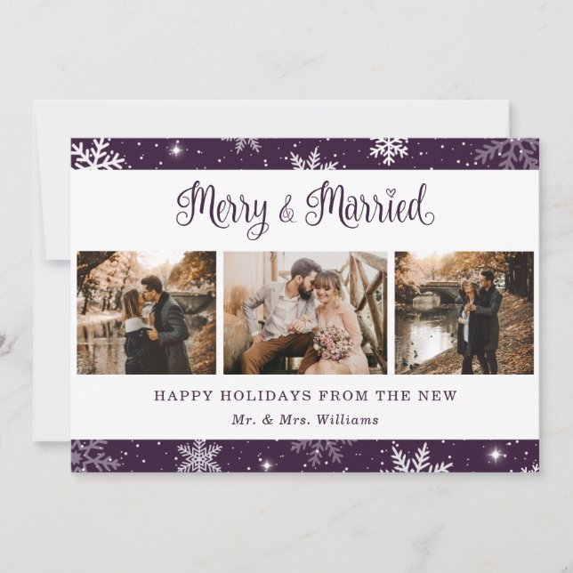 Tarjeta Festiva Fotografía de Snowflake morada recién casada (Anverso)
