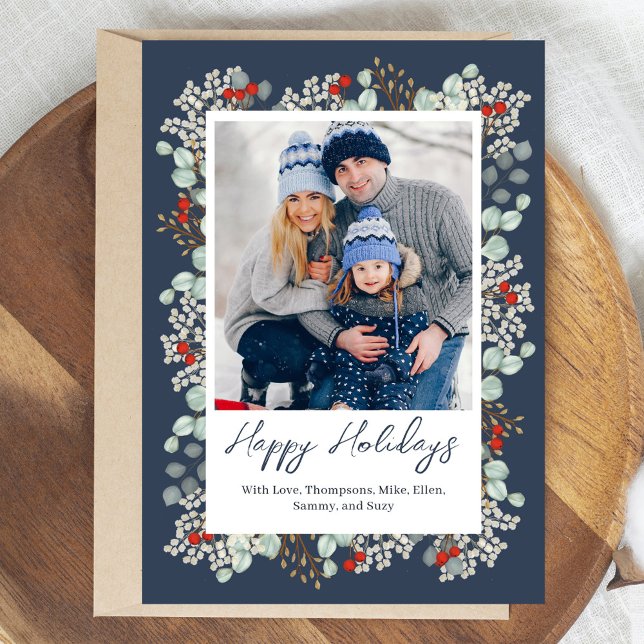 Tarjeta Festiva Fotografía de verde de Navy Blue Happy Holidays Gr (Happy Holiday custom photo cards. )