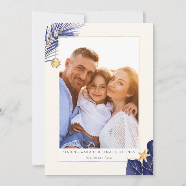 Tarjeta Festiva Fotografía de verde tropical azul marino y oro (Anverso)
