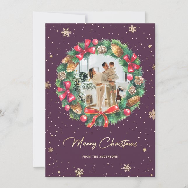 Tarjeta Festiva Fotografía de Wreath sobre copos de nieve de oro p (Anverso)