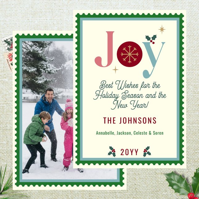 Tarjeta Festiva Fotografía del sello de rehenes de la época modern (Colorful Joy photo card with postage stamp borders and modern vintage nostalgic style.)