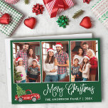 Tarjeta Festiva Fotografía divertida 3 Navidades verdes camionetas<br><div class="desc">Moderna caligrafía de diversión guión 3 Collage de fotos de la familia de fotos Tarjeta navideña - Watercolor Vintage Camión rojo con árbol de Navidad - Fondo verde del bosque</div>