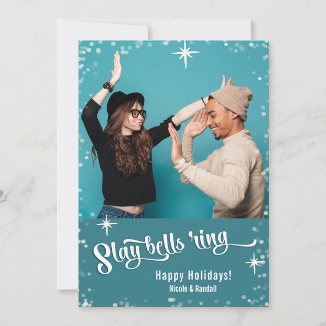 Tarjeta Festiva Fotografía divertida de festividades de Slay Bells (Anverso)