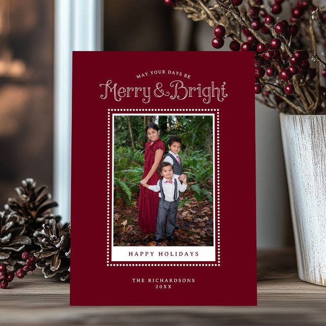 Tarjeta Festiva Fotografía elegante Red Merry Bright (Shown on a 5" x 7" card)