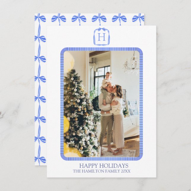 Tarjeta Festiva Fotografía en monograma de cinta azul Grandmillenn (Anverso / Reverso)