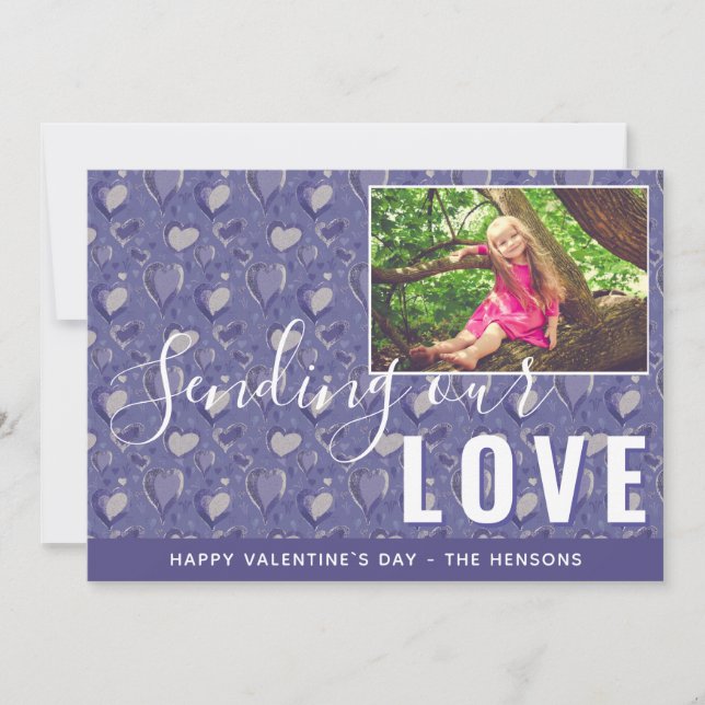 Tarjeta Festiva Fotografía familiar del Día de San Valentín Morado (Anverso)