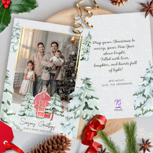 Tarjeta Festiva Fotografía familiar Navidades forestales de pinos 