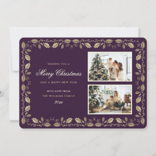 Tarjeta Festiva Fotografía familiar Purple and Gold Holly