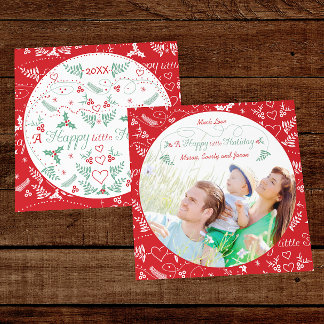 Tarjeta Festiva Fotografía familiar Un pequeño y feliz Rojo Verde