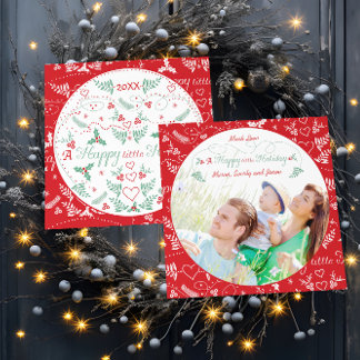 Tarjeta Festiva Fotografía familiar Un pequeño y feliz Rojo Verde