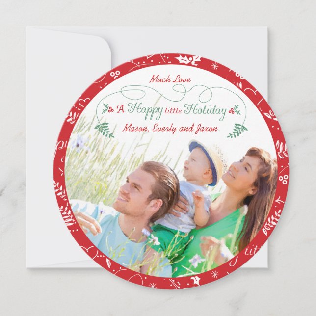 Tarjeta Festiva Fotografía familiar Un pequeño y feliz Rojo Verde  (Anverso)