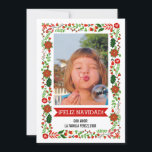 Tarjeta Festiva Fotografía moderna de la posología roja, verde de<br><div class="desc">Moderna, moderna y contemporánea y caprichosa frontera floral con poinsettias rojo y verde FELIZ NAVIDAD tarjeta de foto plana de vacaciones. Este bonito y bonito diseño de Navidades es una plantilla personalizada de personalizable.</div>