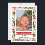 Tarjeta Festiva Fotografía moderna de la posología roja, verde de<br><div class="desc">Moderna,  moderna y contemporánea y caprichosa frontera floral con poinsettias rojo y verde FELIZ NAVIDAD tarjeta de foto plana de vacaciones. Este bonito y bonito diseño de Navidades es una plantilla personalizada de personalizable.</div>