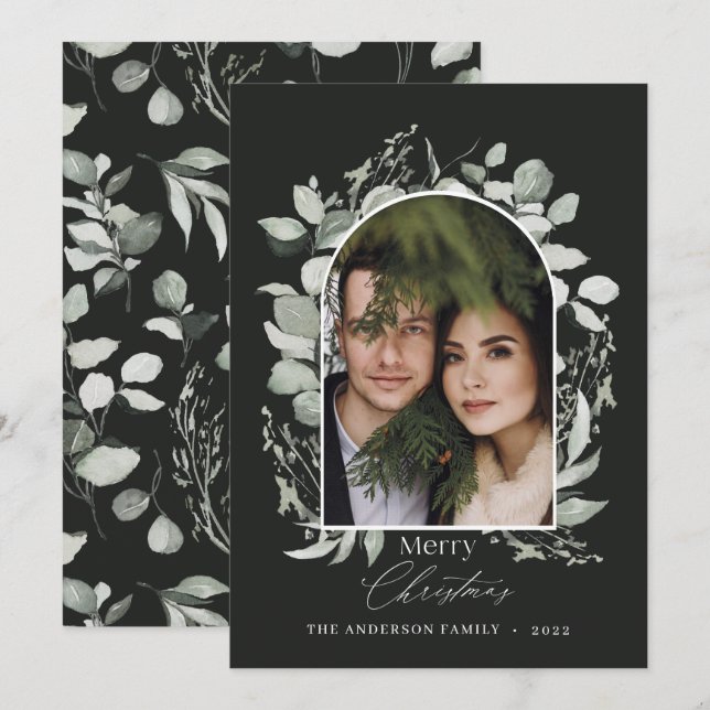 Tarjeta Festiva Fotografía moderna y elegante de gris verde botáni (Anverso / Reverso)