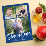 Tarjeta Festiva Fotografía múltiple de Shana Tova Rosh Hashanah<br><div class="desc">Esta moderna tarjeta de fotos de Rosh Hashanah presenta un bonito fondo de color azul con un guión moderno de caligrafía en blanco. El saludo en la parte delantera dice "Shana Tova". Tiene tres fotos (dos cuadradas y una horizontal). En la parte posterior hay un fondo azul de coordinación que...</div>