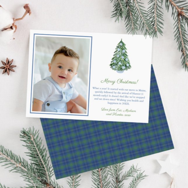 Tarjeta Festiva Fotografía navideña del Ornamentos del Preppy Ging (Elegant chinoiserie christmas tree photo holidays card with blue green tartan reverse)