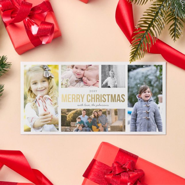 Tarjeta Festiva Fotografía personalizado Elegant Gold 5 Collage Ph (Subido por el creador)