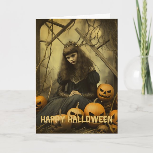 Tarjeta Festiva Fotografía retro Halloween lindo chica de bruja ma (Anverso)