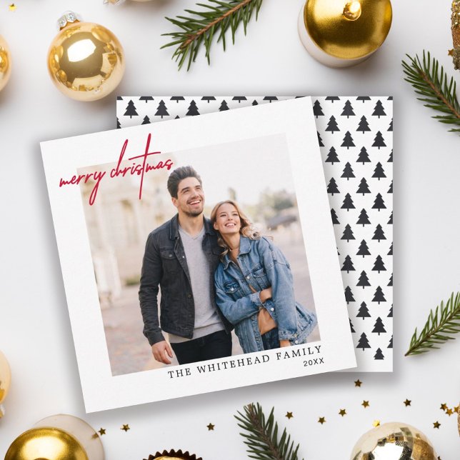 Tarjeta Festiva Fotografía simple Red Merry Christmas White (Subido por el creador)